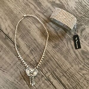 Vintage Rhinestone Bow Necklace and NWT Nina Rhinestone Stretch Bracelet